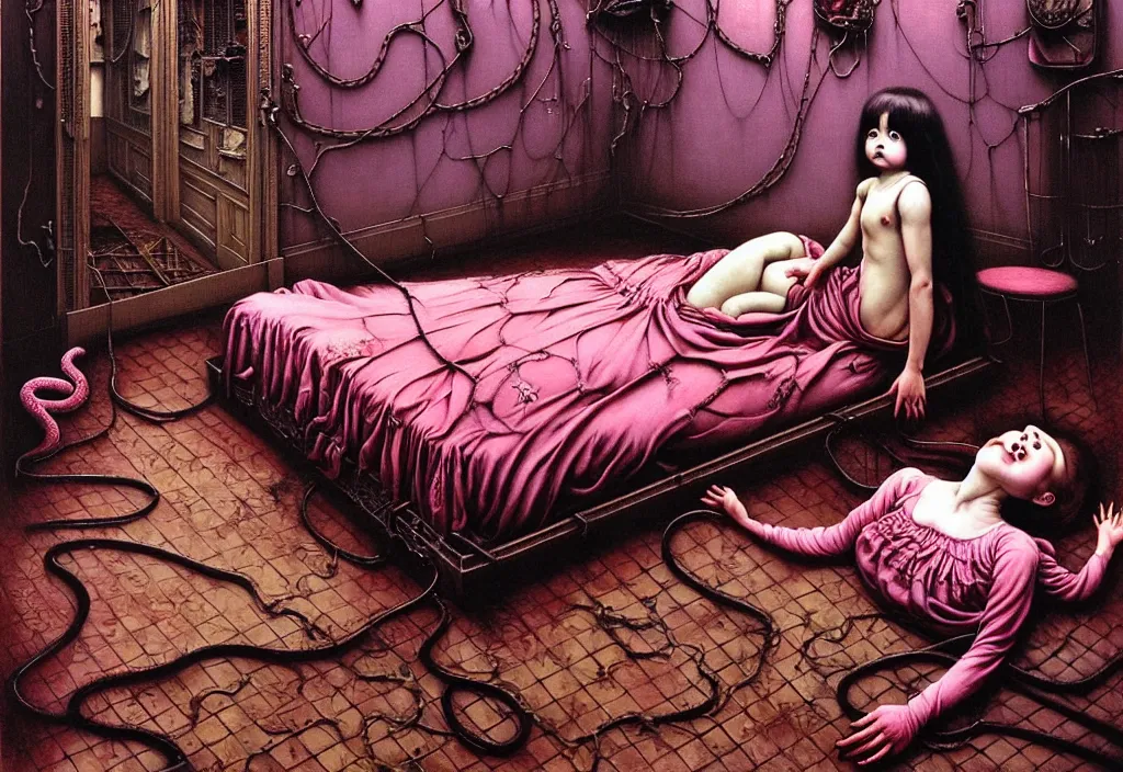 Prompt: realistic detailed image of a girl in an old soviet girlish room with a little monster hiding!!! under the bed!!! surrounded by snakes and imps by Francis Bacon, Ayami Kojima, Amano, Karol Bak, Greg Hildebrandt, and Mark Brooks, Neo-Gothic, gothic, rich deep colors. Beksinski painting, part by Adrian Ghenie and Gerhard Richter. art by Takato Yamamoto. masterpiece .ntricate artwork by Tooth Wu and wlop and beeple, greg rutkowski, very coherent symmetrical artwork, cinematic, hyper realism, high detail, octane render, unreal engine, 8k, Vibrant colors, Smooth gradients, High contrast, depth of field. by Katsuhiro Otomo, full body character drawing, inspired by Evangeleon, clean ink detailed line drawing, intricate detail, extremely detailed, 8k. painting by Arthur Rackham, Eugene de Blaas, Frederic Leighton