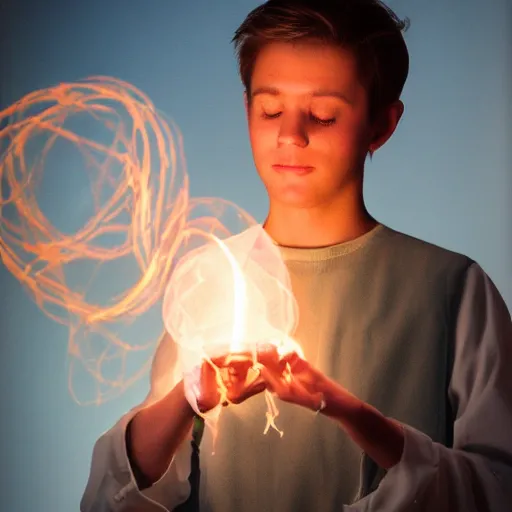 Image similar to a handsome young light sorcerer casting a healing spell, photorealistic 35mm