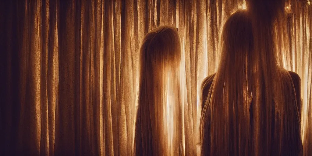 Image similar to love, translucent people with long glowing hair, from behind, rebirth, wide angle, cinematic atmosphere, elaborate, highly detailed, dramatic lighting