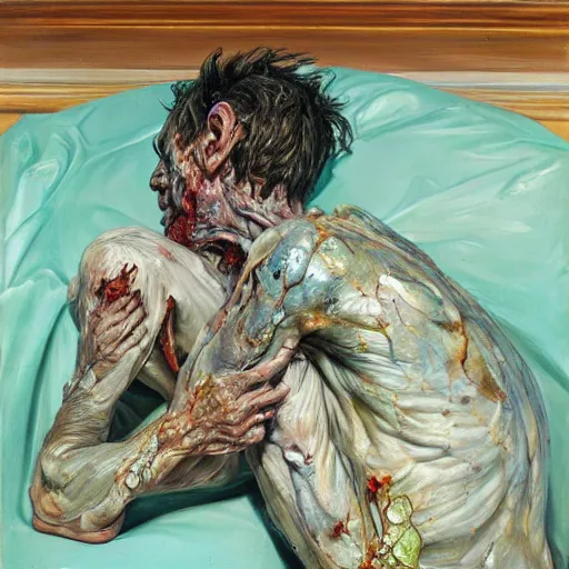 Image similar to high quality high detail painting by lucian freud and jenny saville, hd, zombie, turquoise