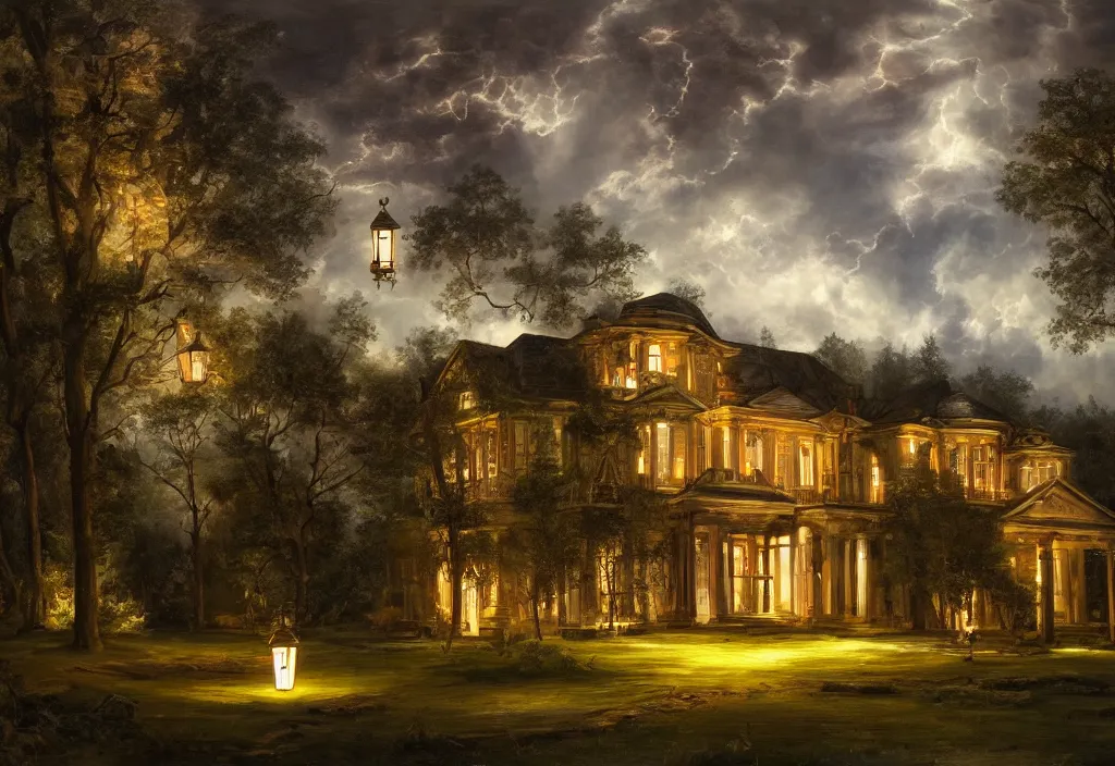 Prompt: rich mansion in the woods, there is lanterns around illuminating the environment, cinematic lightning, dramatic, clouds, sky, the time of day is dusk, highly detailed, oil painting,