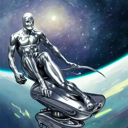 Prompt: silver surfer in space on top of a jdm car, intricate, elegant, highly detailed, digital painting, artstation, concept art, smooth, sharp focus, illustration, art by Krenz Cushart and Artem Demura and alphonse mucha