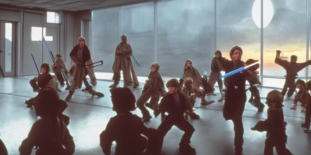 Image similar to A full color still of Mark Hamill as Jedi Master Luke Skywalker training a diverse room full of young Jedi padawans, with large windows showing a sci-fi city outside, at dusk at golden hour, from Star Wars, directed by Steven Spielberg, 1994