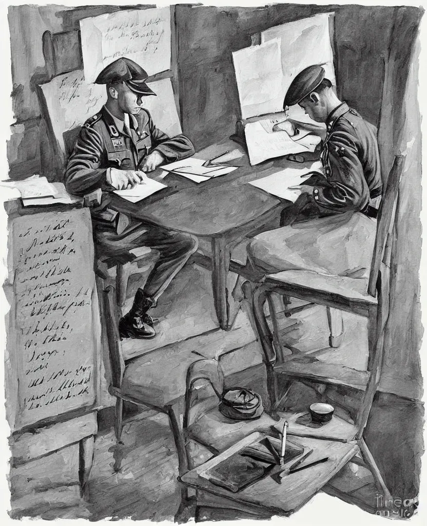Image similar to a beautiful painting of a soldier writing a letter to home with wwii in background, black and white, painted by escher