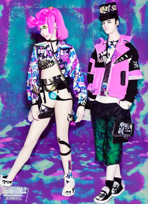 Prompt: vaporwave resort balenciaga military, hot topic, decora inspired, in the style of jojo ’ s bizarre adventure