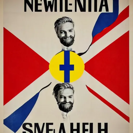 Image similar to Swedish propaganda poster of PewDiePie with the flag of Sweden in the background