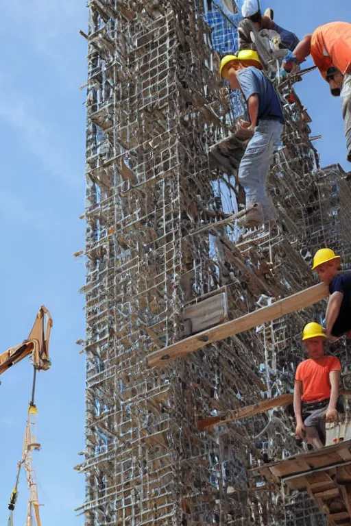 Image similar to towering giant helping tiny construction workers build a building. brick by brick, stone by stone.