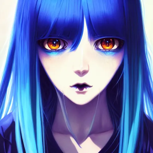 Image similar to attractive long blue - haired girl with bangs gothic anime character with amber eyes, screenshot, anime, sharp focus, intricate, illustration, cell shaded, digital painting, highly detailed, concept art, matte, art by ilya kuvshinov and kyoto animation and wlop, anime character, and greg rutkowski, studio quality, masterpiece