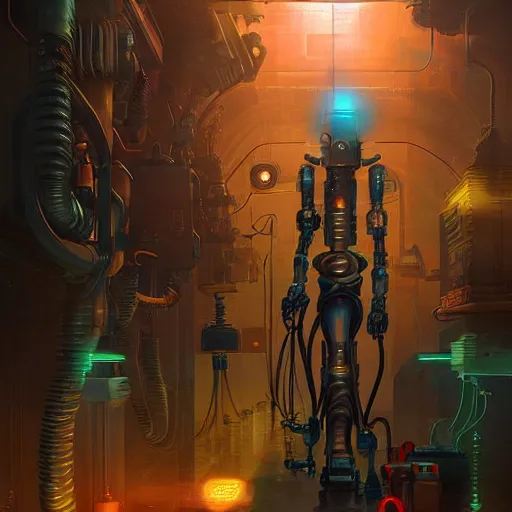 Image similar to a robot, mechanical, intrincate, cinematic lights, wires, volumetric, maximalist, cgscociety by marc simonetti and peter mohrbacher