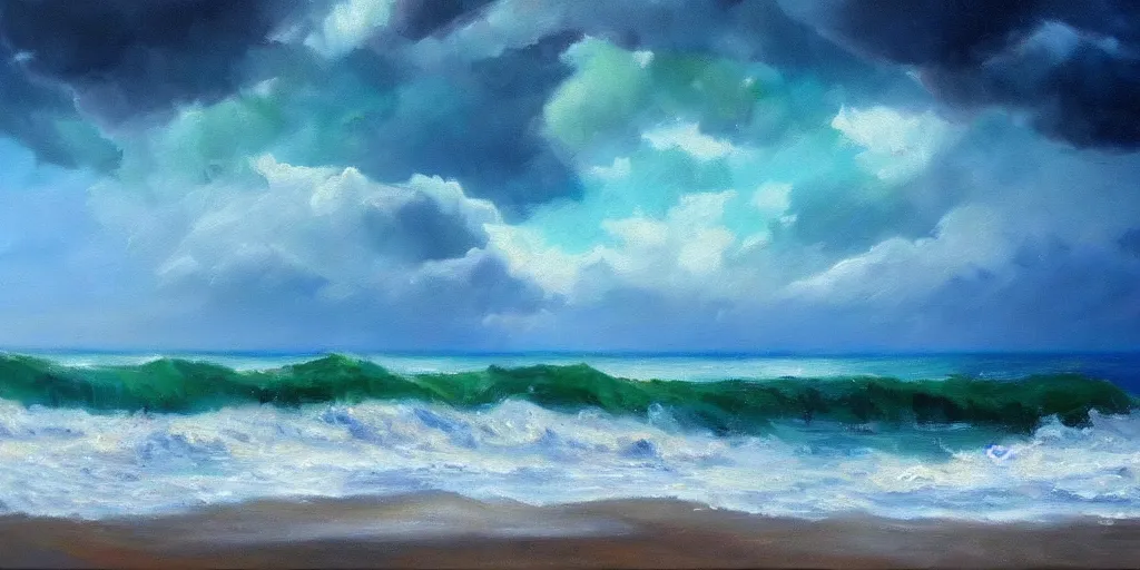 Image similar to a beautiful oil on canvas. seascape. view from the coast of the sea. coastal landscape trees and sand. stormy blue and green sea i'm background. epic sky bdetailed. trending on art station. beautiful. tropical. h 7 6 8