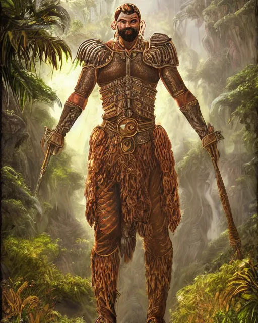 Image similar to ultrarealistic illustration of conquistador, symmetrical, by daniel zrom and nicola saviori, jungle background, detailed