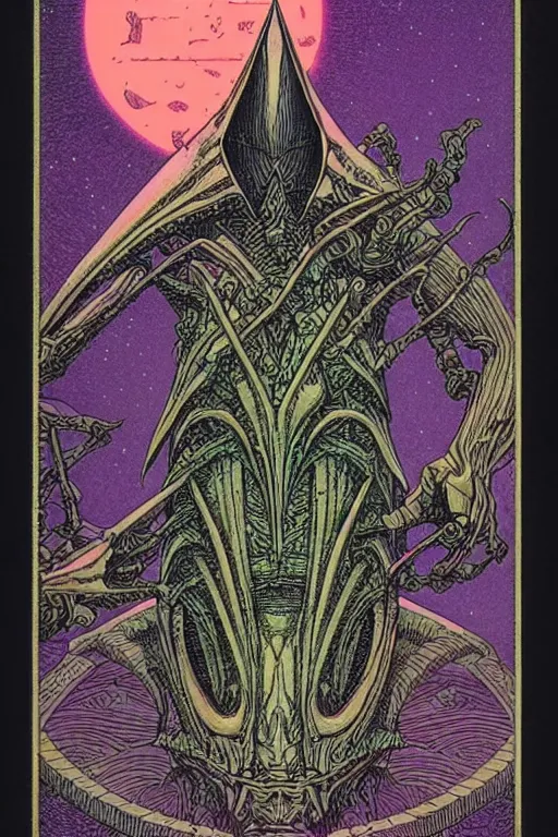 Prompt: taro deck card king and psychedelic grainshading print by moebius, richard corben, wayne barlowe, cyberpunk comic cover art, psychedelic triangular skeleton, very intricate, thick outline, full body, symmetrical face, long black crown, in a shapes background, galactic dark colors