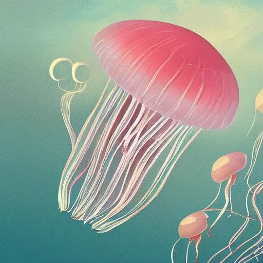 Prompt: hyperdetailed modern childrenbook illustration of a huge transparent!!! rose and white and transparent jellyfish, made of silk in the fashion of marie antoinette, floating in the ocean. seen from the distance. transparent soft natural textures. matte background