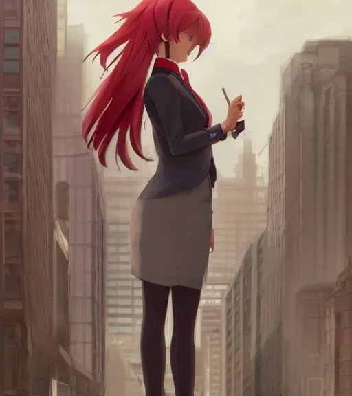 Prompt: a girl in a business, close up, sharp focus, red necktie, grey hair, city background, digital painting, by tran ross and jordan grimmer and greg rutkowski, anime art, artstation, hd, smooth,