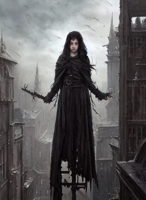 Prompt: a teenage girl with very short dark hair and a tattered grey cloak. she stands on top of a building in a gothic fantasy city. beautiful painting by greg rutkowski
