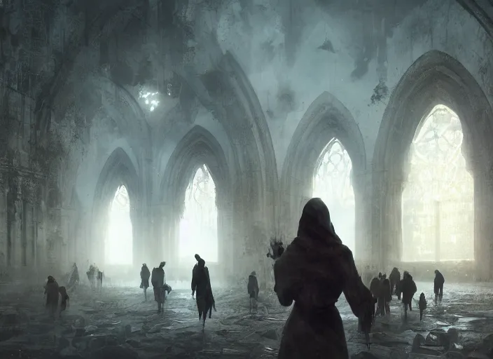 Prompt: ruined world praying people tears letters fly around, volumetric lighting, digital painting, highly detailed, artstation, sharp focus, illustration, concept art, ruan jia, steve mccurry, amazing composition, gothic arch frame