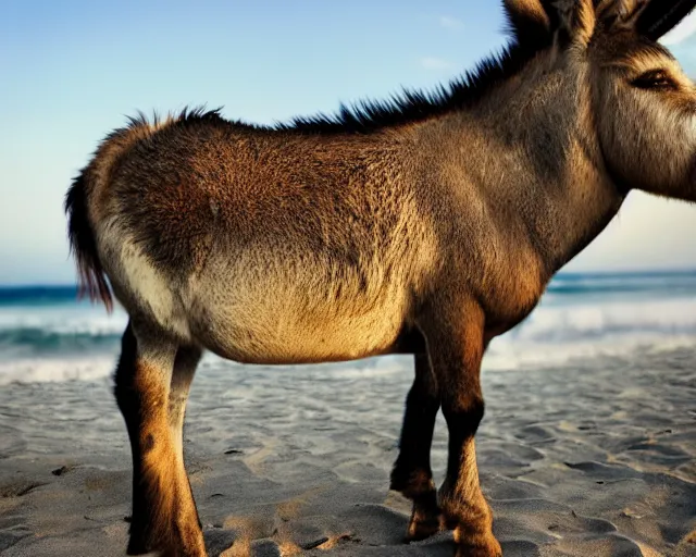 Prompt: realistic photo of a donkey sunbathing at the beach