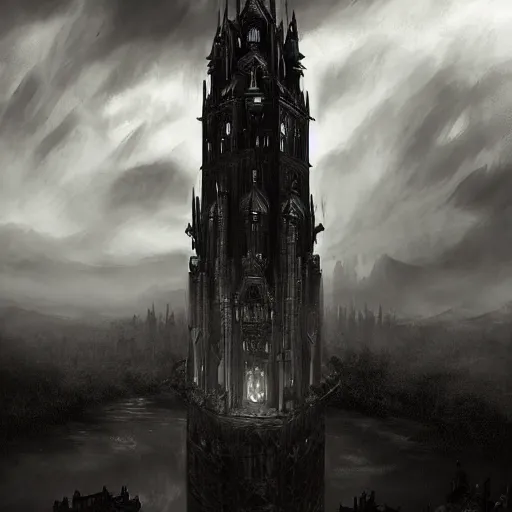 Prompt: an ultra detailed black and white matte painting of a lonely and impossibly tall ominous gothic dark citadel tower of the evil patriarch, in the style of magic the gathering, in a river elevated high above the city, flintlock fantasy capital city, ultrawide lense, aerial photography, scary thunderstorm, exquisite detail, 8 k, art by greg rutkowski and alphonse mucha