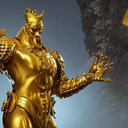 Image similar to king gold statue reflect chrome, 8 k uhd, unreal engine, octane render in the artstyle of finnian macmanus, john park and greg rutkowski