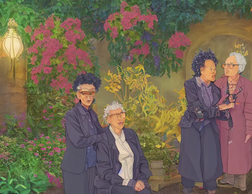 Prompt: elderly lesbian multiracial couple in steampunk vaporwave courtyard garden. complementary colors, gouache, indie concept art, bloom, chiaroscuro, backlighting, intricate details.