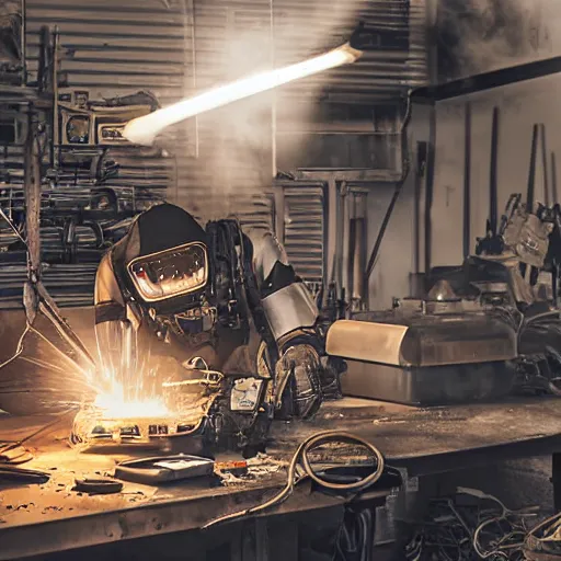 Image similar to cyborg toaster oven repairman, dark messy smoke - filled cluttered workshop, dark, dramatic lighting, orange tint, sparks, plasma rays, cinematic, highly detailed, sci - fi, futuristic, movie still, rule of thirds composition