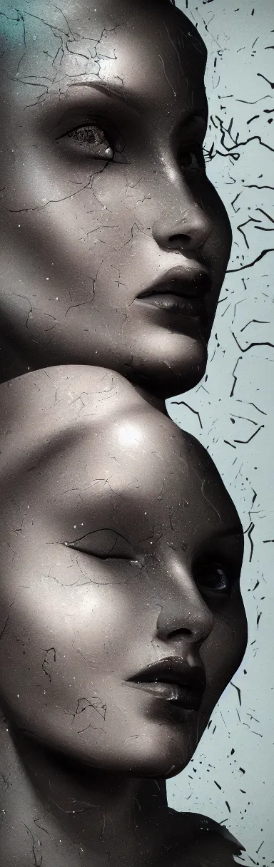 Image similar to epic illustration, digital abstract sculpt of beautiful female face silhouette and black swirling concrete acrylic portrait, black latex sculpt, octane render, mechanical superstructure, sacred geometry, glowing edges, magic hour, beautiful light, sculpture of carving marble, dark colors, dark mood, one point light, clockwork, epic matte painting, concept art, bokeh, digital painting, artstation