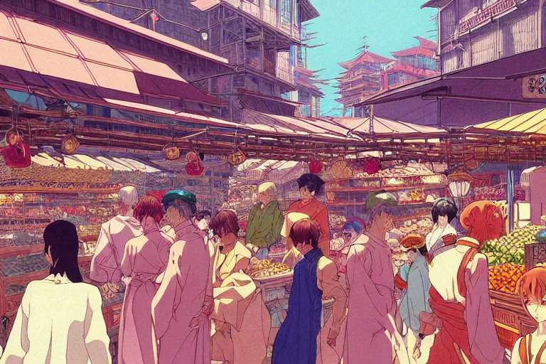 Prompt: cel shaded study of a busy market in a fantasy late renaissance city, key visual with intricate linework, in the style of moebius, ayami kojima, 90's anime, retro fantasy