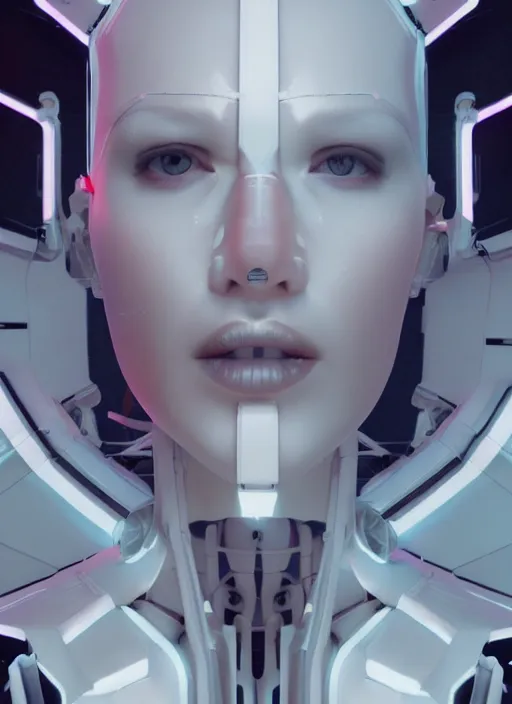 Image similar to white one cast futuristic biomechanics futuristic humanoid, pretty face, beautiful female, futuristic, neon lights, cyberpunk, 8 k, digital painting, by beeple and makoto shinkai, trending on cg society, glamour pose, fashion photography, high fashion, canon r 3, photorealistic, hyper realistic, perfect body, ambient occlusion render