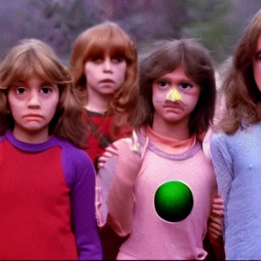 Image similar to still from 1978 live-action children's tv show about a teenage girl who enters an eyeball cult color