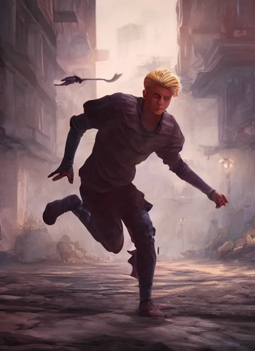 Prompt: An epic fantasy comic book style portrait painting of a young blonde boy thief running from a woman in a brothel, unreal 5, DAZ, hyperrealistic, octane render, cosplay, RPG portrait, dynamic lighting