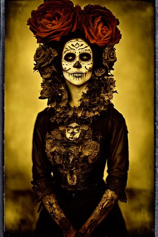 Image similar to tintype, saint teresa in dia de muertos dress and make up, horrific beautiful vibe, evocative, atmospheric lighting, painted, intricate, highly detailed, leesha hannigan, wayne haag, reyna rochin, ignacio fernandez rios, mark ryden, iris van herpen, stunning, gorgeous, sharp focus, cinematic, masterpiece