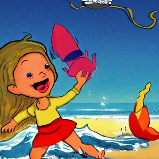 Image similar to cartoon of little girl raiding on top of huge monster crab on the beach.