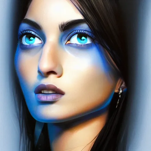 Image similar to greek ameera al taweel , blue eyes, black hair, beautiful face, white viel, Hyper-realistic, Highly Detailed, HD, by Brom, by beeple, studio ghibli, wallpaper, highly detailed, trending on artstation