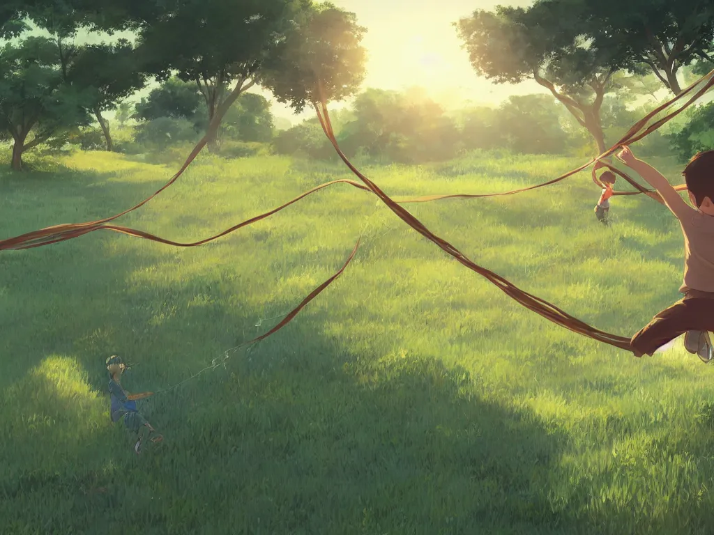 Prompt: extreme wide shot of a summer landscape, with a boy holding on to a string that connects to a web that envelopes the sun. Digital art by Makoto shinkai and Rebecca Sugar and Alan Lee.