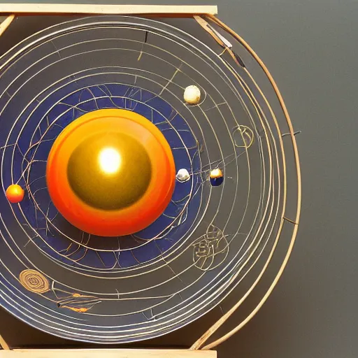 Prompt: a kinetic sculpture of this solar system, sun, orrery, canon 5 d 5 0 mm lens, papier - mache, studio, circa 1 9 9 9