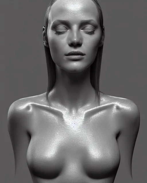 Image similar to 3D render of a beautiful portrait of a young female, elegant, highly detailed, flesh ornate, elegant, high fashion, rim light, ray trace, octane render in the style of H.R. Giger and Man Ray, Realistic, Refined, Digital Art, Highly Detailed, Cinematic Lighting, rim light, photo-realistic Unreal Engine, 8K