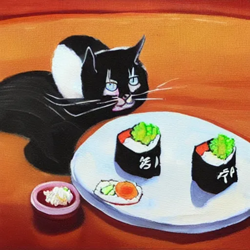 Image similar to Angry girl eats sushi while her jealous cat is watching, painting by 奈良美智