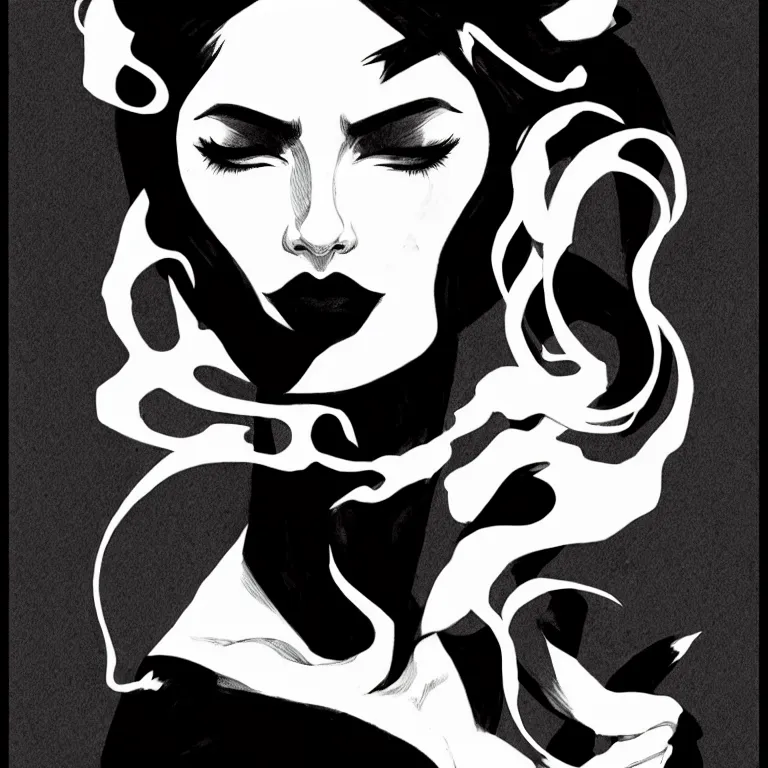 Image similar to black and white silhouette feminine woman portrait - hunter, logo, ink drawing, art by jc leyendecker and sachin teng