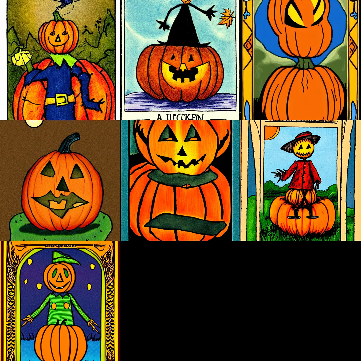 Prompt: a tarot card of a pumpkin-headed scarecrow