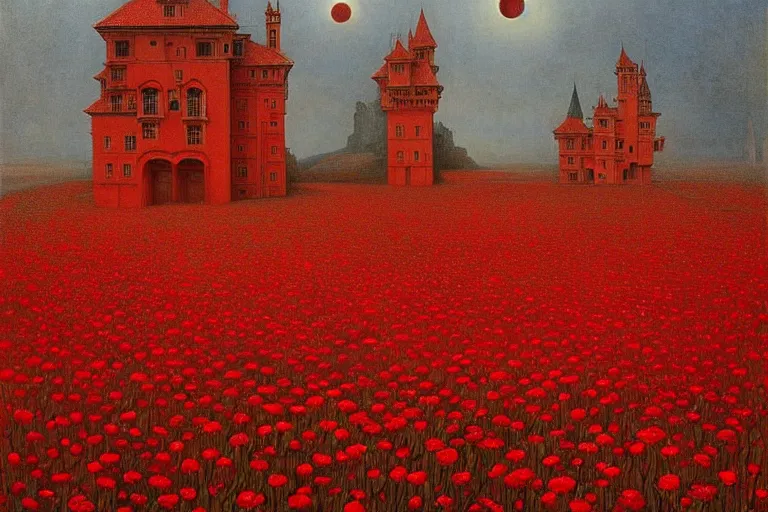 Image similar to only with red, red flowers of different types, a red tiger, a castle in the background, medieval demons dance over the flowers, an ancient path, in the style of beksinski, part by hopper, part by rodcenko, part by hofbauer, intricate composition, red by caravaggio, insanely quality, highly detailed, masterpiece, red light, artstation