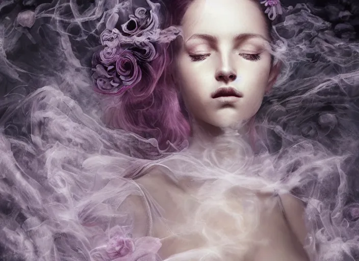 Prompt: beautiful, haunting ghost, apparition,young woman made out of smoke and clouds, in renaissance times, detailed gorgeous face, flowing hair, vaporwave aesthetic, synthwave long luxurious gown made out of pearls, hair done up with flowers and ribbons, digital art, butterflies, birds, digital painting, artstation, concept art, smooth, sharp focus, illustration, art by artgerm and greg rutkowski and alphonse mucha H 1024