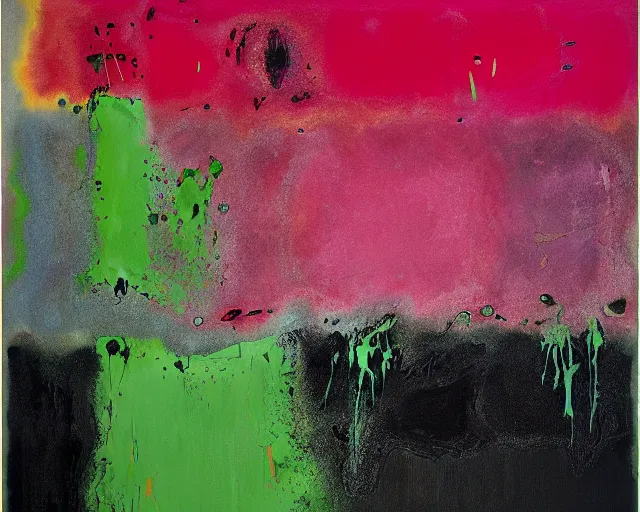 Image similar to abstract painting in black, dark green, purple, painted by Pat Steir, Julian Schnabel, Helene Frankenthaler, abstract painting. 8k, dripping paint, paint drips, extreme detail, intricate detail, masterpiece