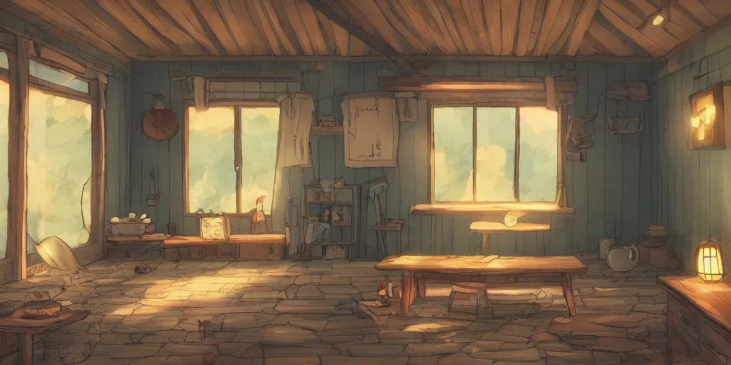 Image similar to studio Ghibli, the interior of a small cottage, warm lighting, anime