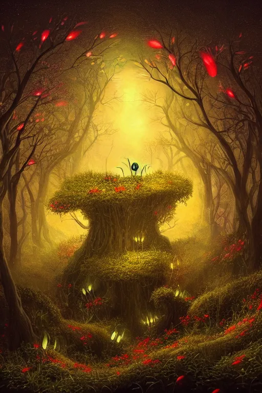 Image similar to a beautiful digital illustration painting of a detailed gothic fantasy fireflies and roots, dark mushroom, flowers by benoit b. mandelbrot, steven belledin, martin johnson heade, lee madgwick, caspar david friedrich, and david rios ferreira. 8 k resolution trending on artstation concept art digital illustration