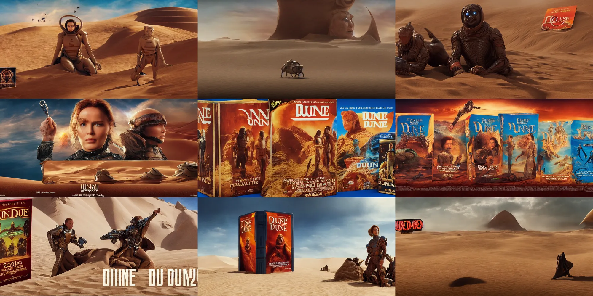 Prompt: still from dune the movie, 2 0 2 2, with applejacks cereal box advertising, cinematic photography,