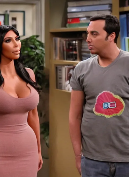 Image similar to film still of kim kardashian making a guest appearance in the big bang theory,