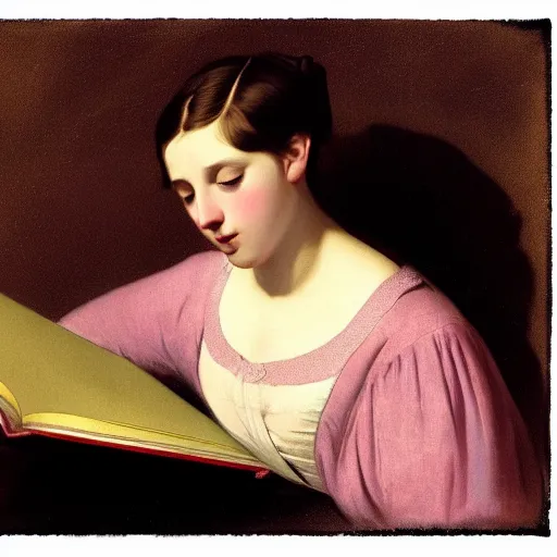 Image similar to a girl reading, old vintage colored photo by ingres, by hayez, strong lights, flat colors, pastel colors, eerie, nostalgic