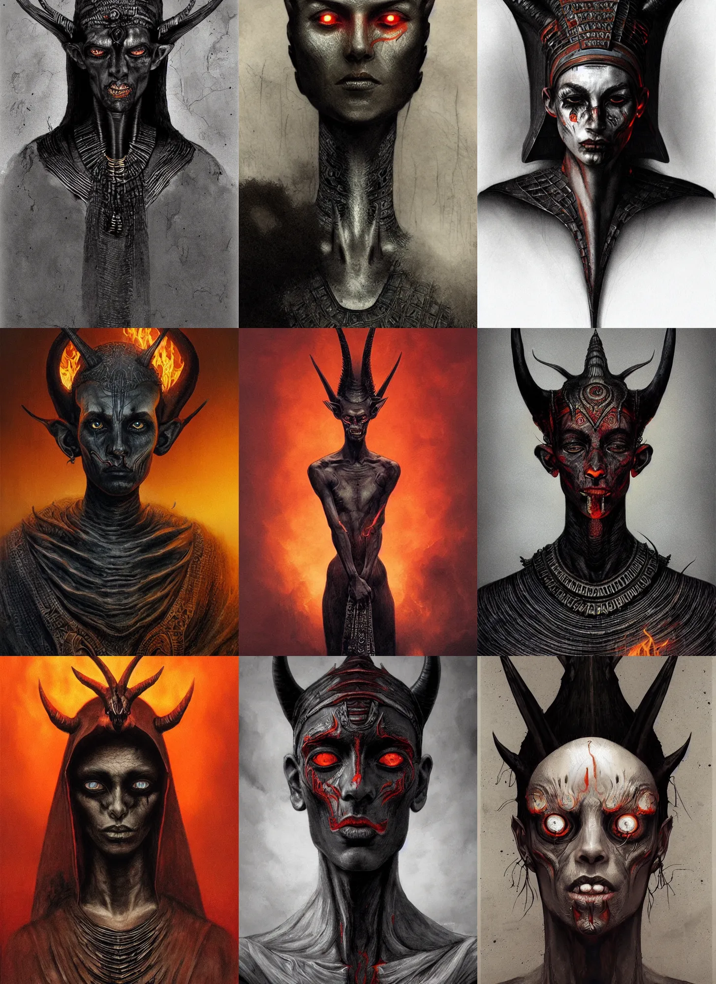 Prompt: black skinny corpse portrait horns, flaming eyes, pharaoh clothes, intricate, dark, highly detailed, artstation, sharp focus, illustration, beksinski