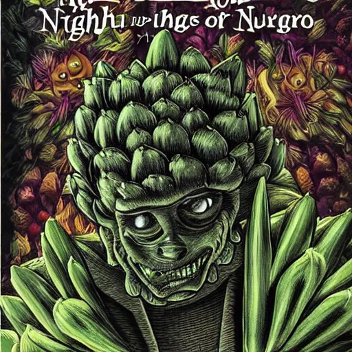 Prompt: night of the living artichokes, goosebumps book art