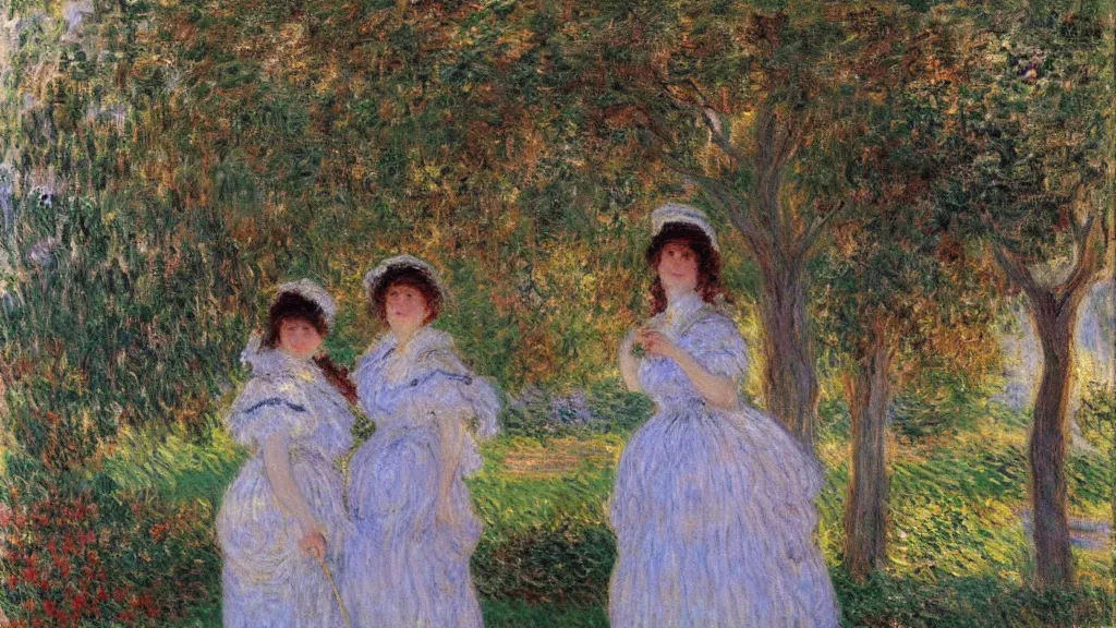 Prompt: a portrait of two women!!! who are lovers!! by Claude Monet!!! in french gardens! oil painting, romantic